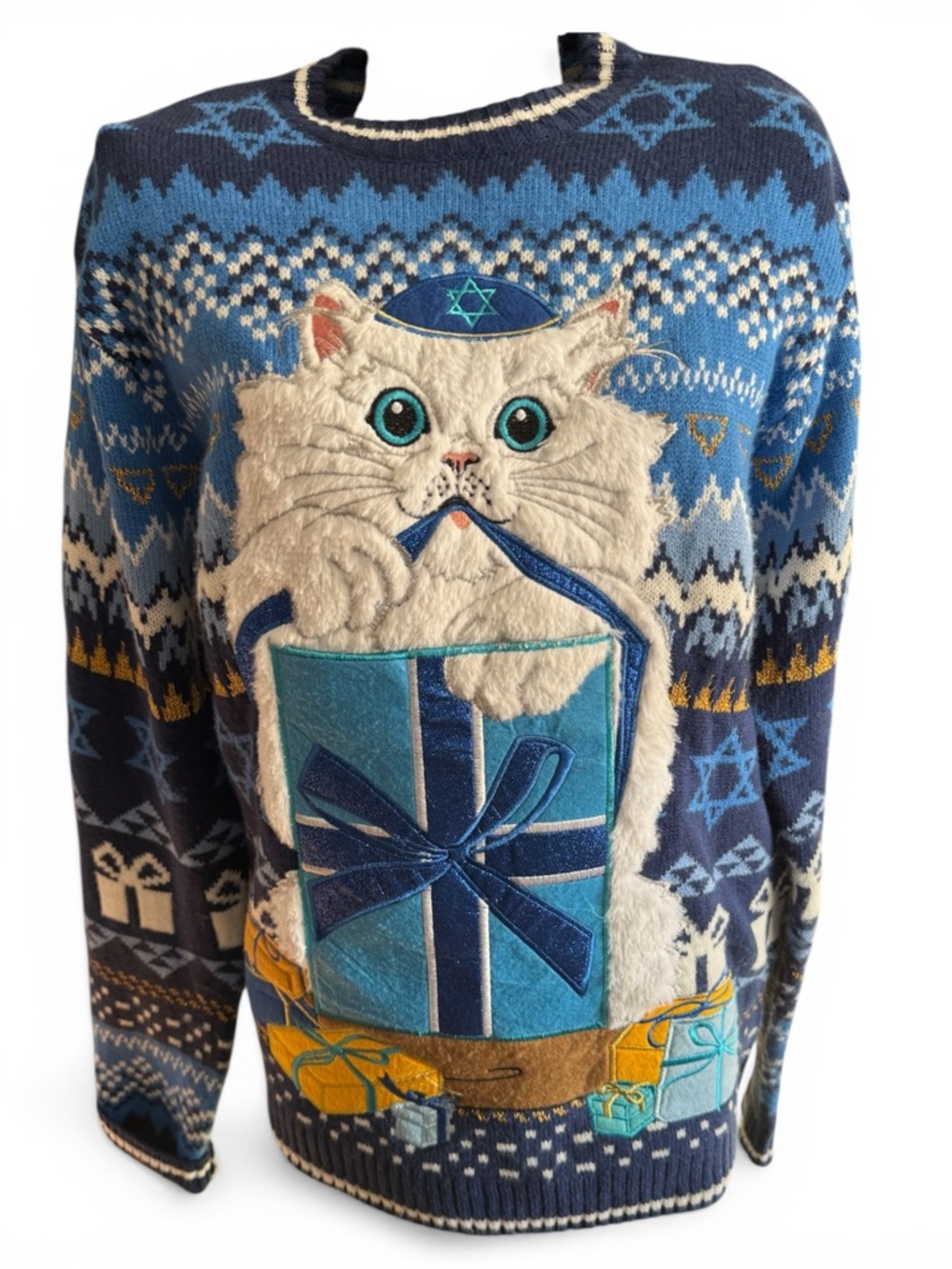 Hanukkah Cat Multimedia Sweater with Gift Design - Picture 2 of 13
